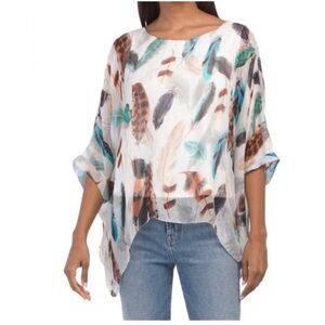 Anthro Allover Feather Print Silk Blend Blouse / Top